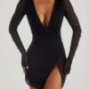 Chelsea Embellished Wrap Over A-Line Mini Dress in Black