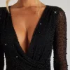 Chelsea Embellished Wrap Over A-Line Mini Dress in Black