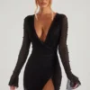 Chelsea Embellished Wrap Over A-Line Mini Dress in Black