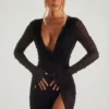Chelsea Embellished Wrap Over A-Line Mini Dress in Black
