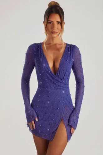 Chelsea Embellished Wrap Over A-Line Mini Dress in Dark Blue