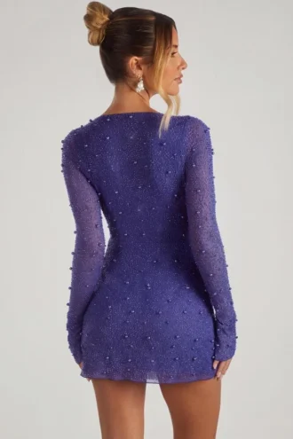 Chelsea Embellished Wrap Over A-Line Mini Dress in Dark Blue