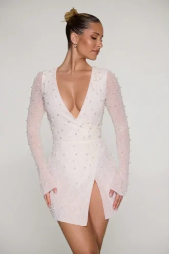 Chelsea Embellished Wrap Over A-Line Mini Dress in Ivory