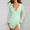 Chelsea Embellished Wrap Over A-Line Mini Dress in Mint