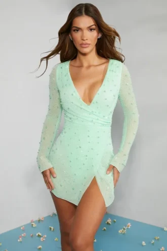 Chelsea Embellished Wrap Over A-Line Mini Dress in Mint