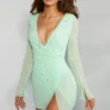 Chelsea Embellished Wrap Over A-Line Mini Dress in Mint