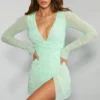 Chelsea Embellished Wrap Over A-Line Mini Dress in Mint