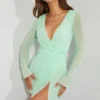 Chelsea Embellished Wrap Over A-Line Mini Dress in Mint