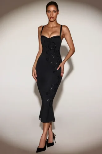 Cherelle Embellished Peekaboo Fluted-Hem Midaxi Dress in Black