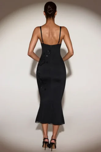 Cherelle Embellished Peekaboo Fluted-Hem Midaxi Dress in Black