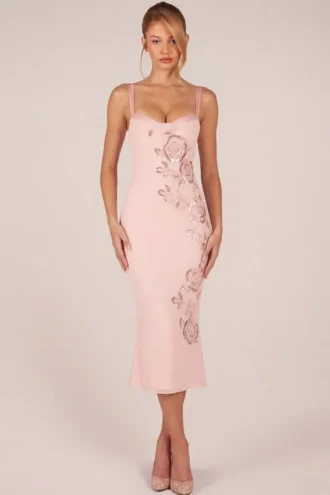 Cherelle Embellished Peekaboo Fluted-Hem Midaxi Dress in Pink