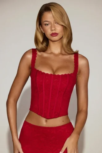 Cherith Lace Soft-Scoop Boned Corset Top in True Red