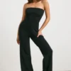 Chunky Knit Bandeau Kick Flare Jumpsuit in Black