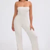 Chunky Knit Bandeau Kick Flare Jumpsuit in Cream