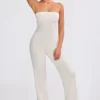 Chunky Knit Bandeau Kick Flare Jumpsuit in Cream