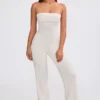 Chunky Knit Bandeau Kick Flare Jumpsuit in Cream