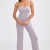 Chunky Knit Bandeau Kick Flare Jumpsuit in Dusty Lavender