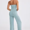 Chunky Knit Bandeau Kick Flare Jumpsuit in Dusty Teal