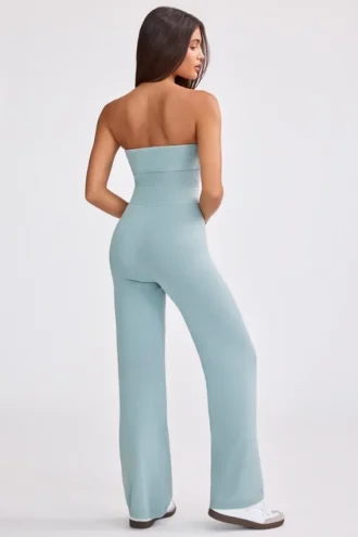 Chunky Knit Bandeau Kick Flare Jumpsuit in Dusty Teal