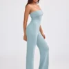 Chunky Knit Bandeau Kick Flare Jumpsuit in Dusty Teal