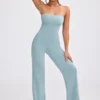 Chunky Knit Bandeau Kick Flare Jumpsuit in Dusty Teal