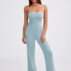 Chunky Knit Bandeau Kick Flare Jumpsuit in Dusty Teal