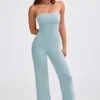 Chunky Knit Bandeau Kick Flare Jumpsuit in Dusty Teal