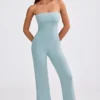 Chunky Knit Bandeau Kick Flare Jumpsuit in Dusty Teal