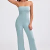 Chunky Knit Bandeau Kick Flare Jumpsuit in Dusty Teal