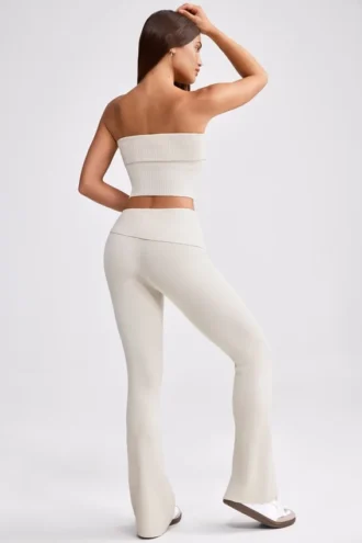 Chunky Knit Foldover Kick Flare Trousers in Cream