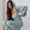 Chunky Knit Foldover Kick Flare Trousers in Dusty Teal