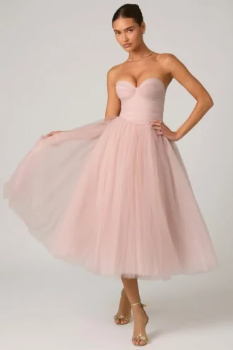 Cindy Tulle Corset Midaxi Dress in Dusty Rose