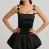 Cirilla Bow-Detail Ruched Bubble Hem Mini Dress in Black