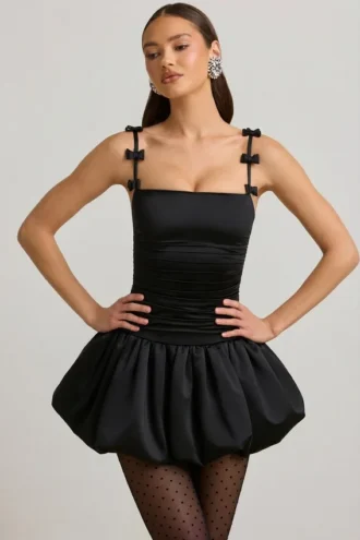 Cirilla Bow-Detail Ruched Bubble Hem Mini Dress in Black
