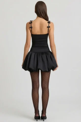 Cirilla Bow-Detail Ruched Bubble Hem Mini Dress in Black