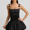 Cirilla Bow-Detail Ruched Bubble Hem Mini Dress in Black