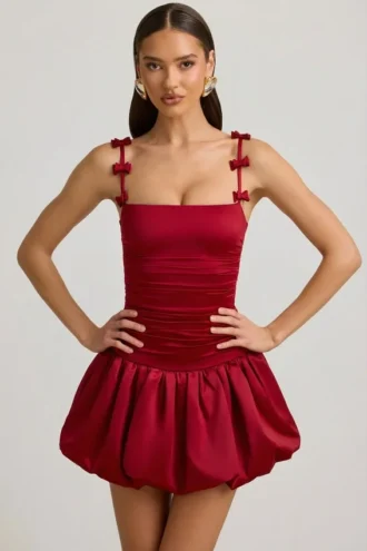 Cirilla Bow-Detail Ruched Bubble Hem Mini Dress in True Red