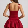 Cirilla Bow-Detail Ruched Bubble Hem Mini Dress in True Red