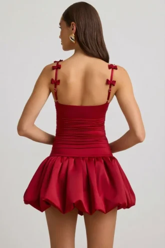 Cirilla Bow-Detail Ruched Bubble Hem Mini Dress in True Red