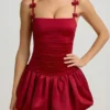 Cirilla Bow-Detail Ruched Bubble Hem Mini Dress in True Red