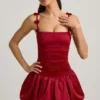 Cirilla Bow-Detail Ruched Bubble Hem Mini Dress in True Red