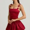 Cirilla Bow-Detail Ruched Bubble Hem Mini Dress in True Red