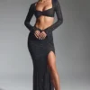 Claribel Embellished Ruched Maxi Skirt in Black