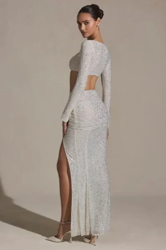 Claribel Embellished Ruched Maxi Skirt in White