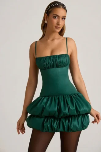 Clarice Satin Bubble Hem Corset Mini Dress in Emerald Green
