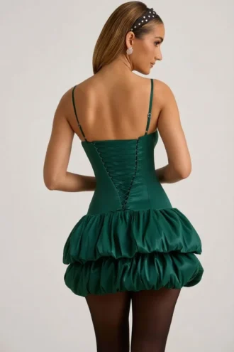 Clarice Satin Bubble Hem Corset Mini Dress in Emerald Green