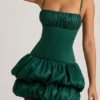 Clarice Satin Bubble Hem Corset Mini Dress in Emerald Green