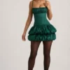 Clarice Satin Bubble Hem Corset Mini Dress in Emerald Green