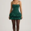 Clarice Satin Bubble Hem Corset Mini Dress in Emerald Green