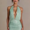 Clarisse Embellished Open-Back Mini Dress in Sage Green